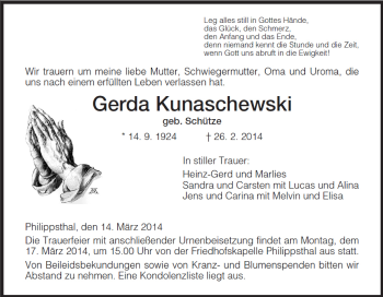 Traueranzeige von Gerda Kunaschewski von Hersfelder Zeitung